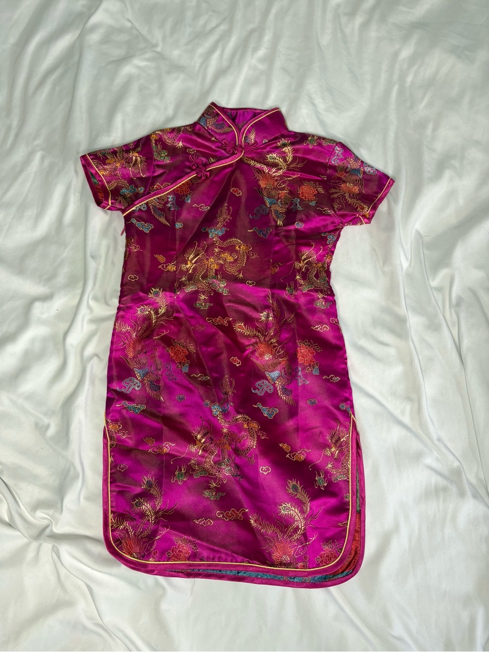 Fuchsia Satin Chinese Cheongsam Dress with Gold Dragon Embroidery